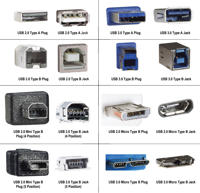Variants of USB connectors type-A and type-B.